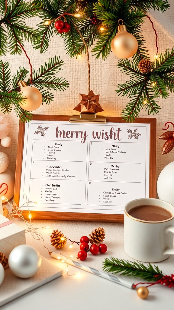 Aesthetic Christmas Wishlist Template Aesthetic Christmas wishlist template on a desk with festive decorations.